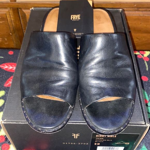 Frye woman’s Cindy mule leather Peep Toe Heeled sandals 9 AM black - Picture 3 of 8